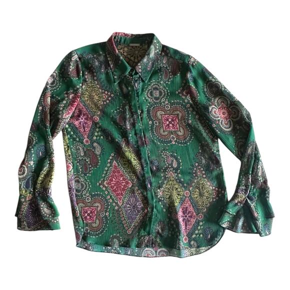 Elie Tahari Boho Paisley Print Semi-Sheer Blouse L Flowy Green Top Size L - Picture 6 of 12